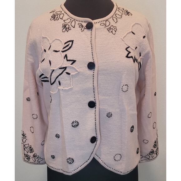 VTG Cottagecore Elegance Blush Pink Boiled Wool Beaded Statement Cardi Jacket L - Picture 1 of 6